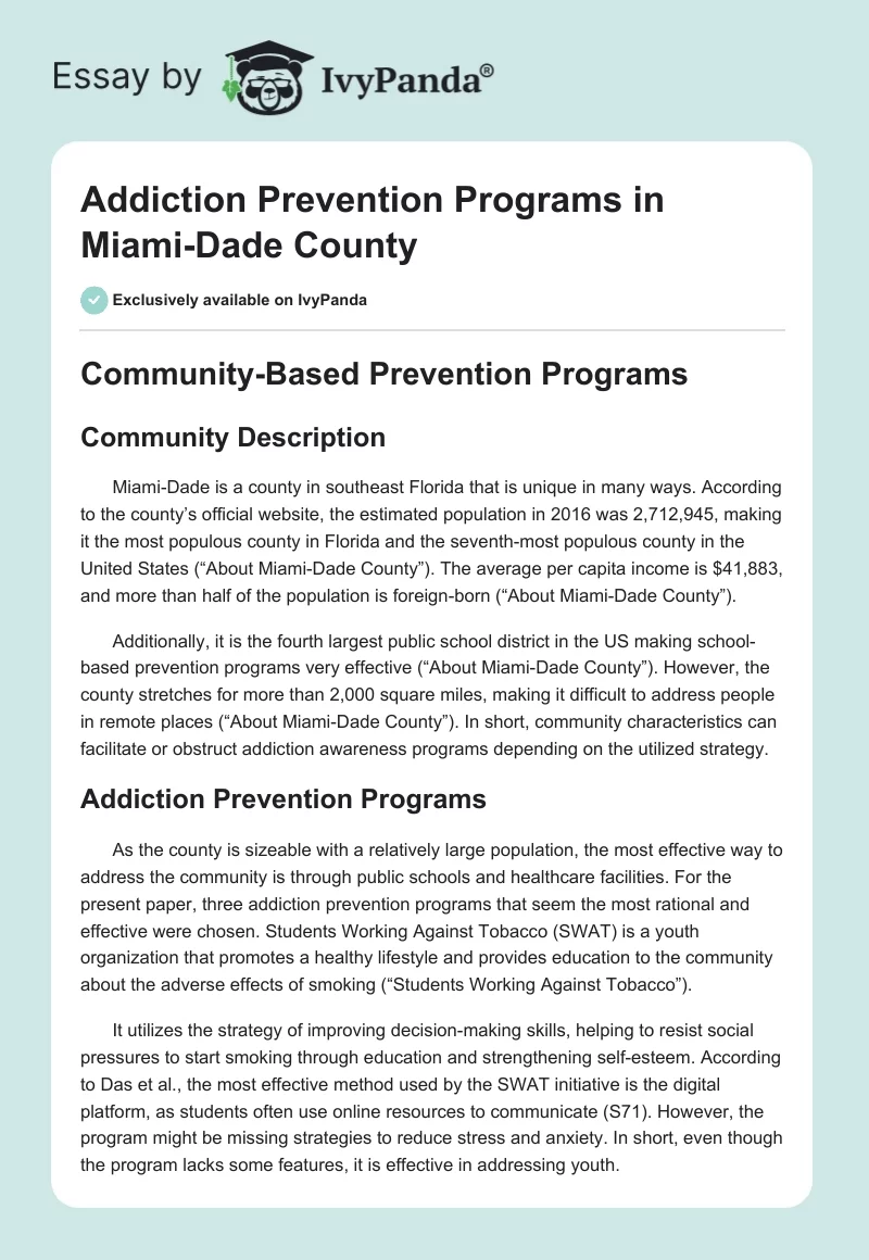 Addiction Prevention Programs in Miami-Dade County. Page 1