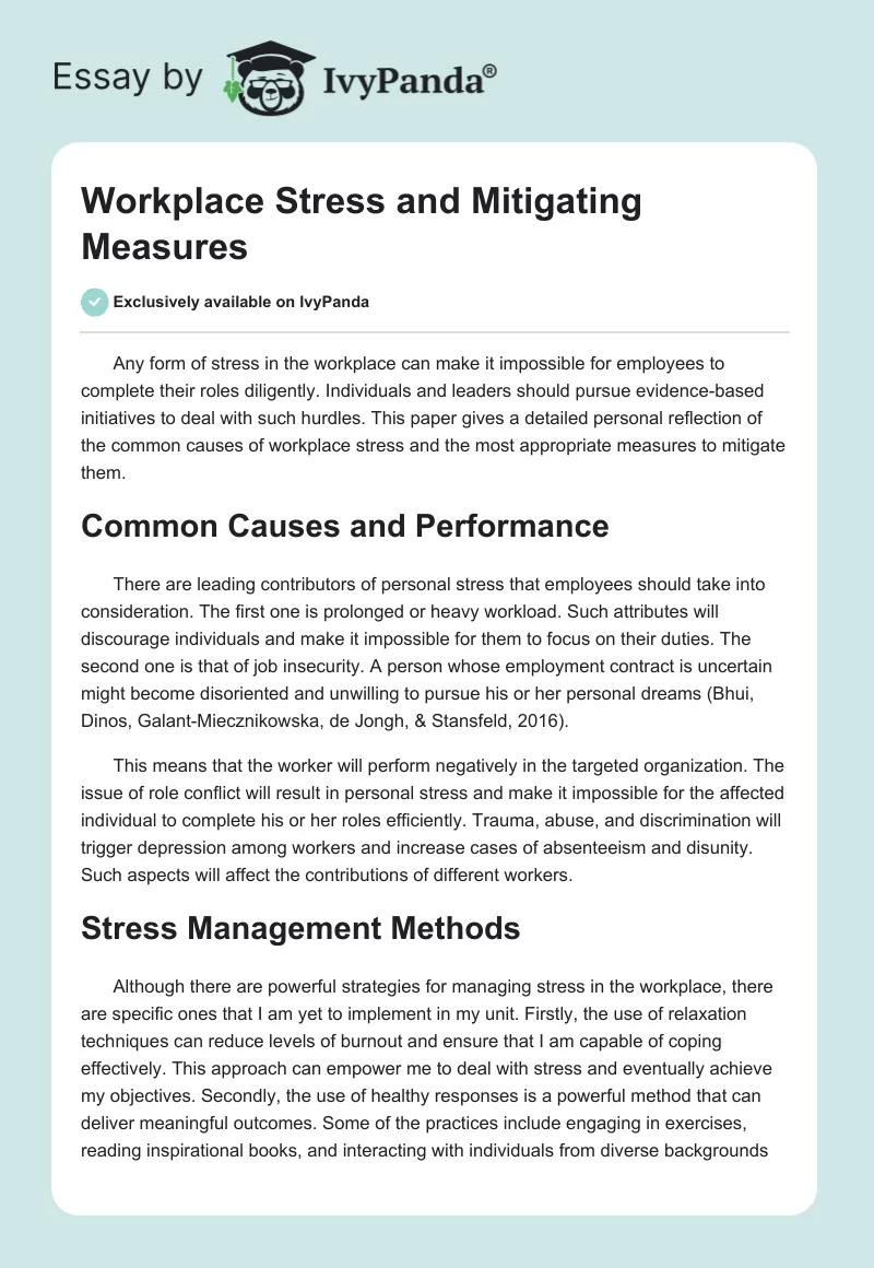 Workplace Stress and Mitigating Measures. Page 1