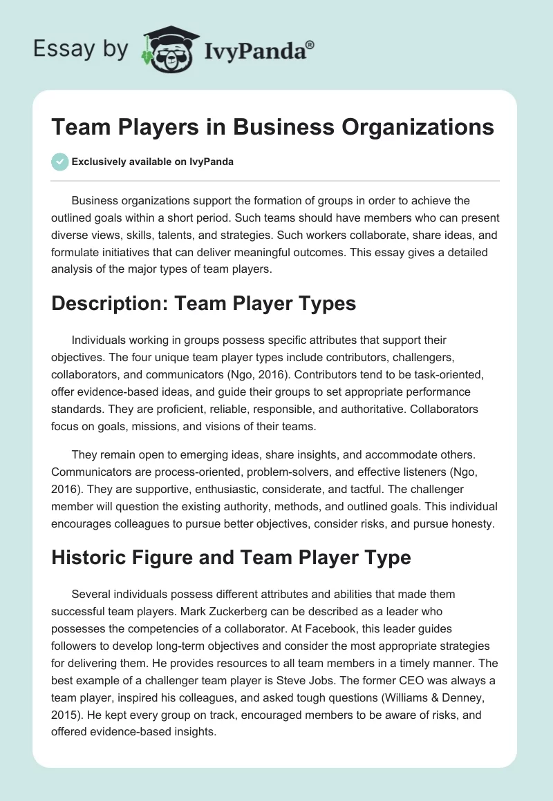 Team Players in Business Organizations. Page 1