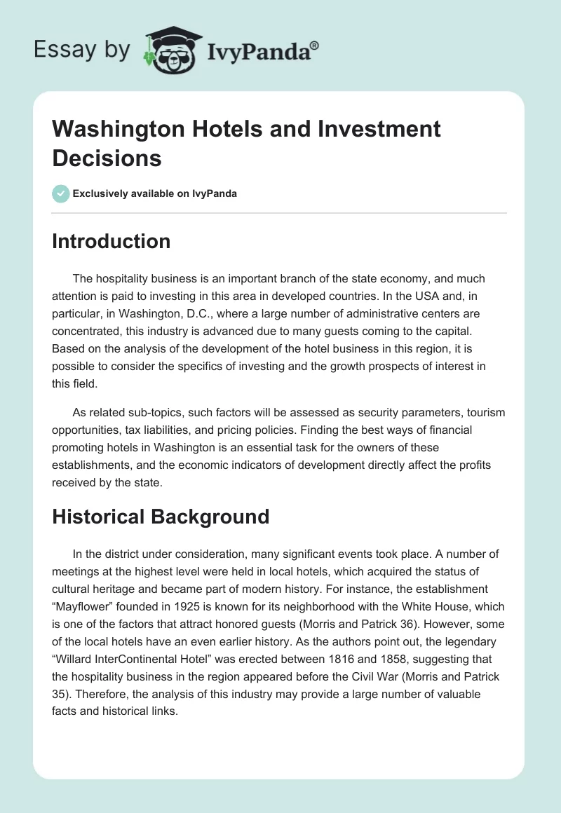 Washington Hotels and Investment Decisions. Page 1