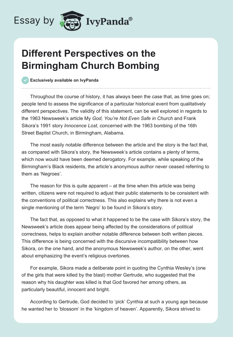 Different Perspectives on the Birmingham Church Bombing. Page 1