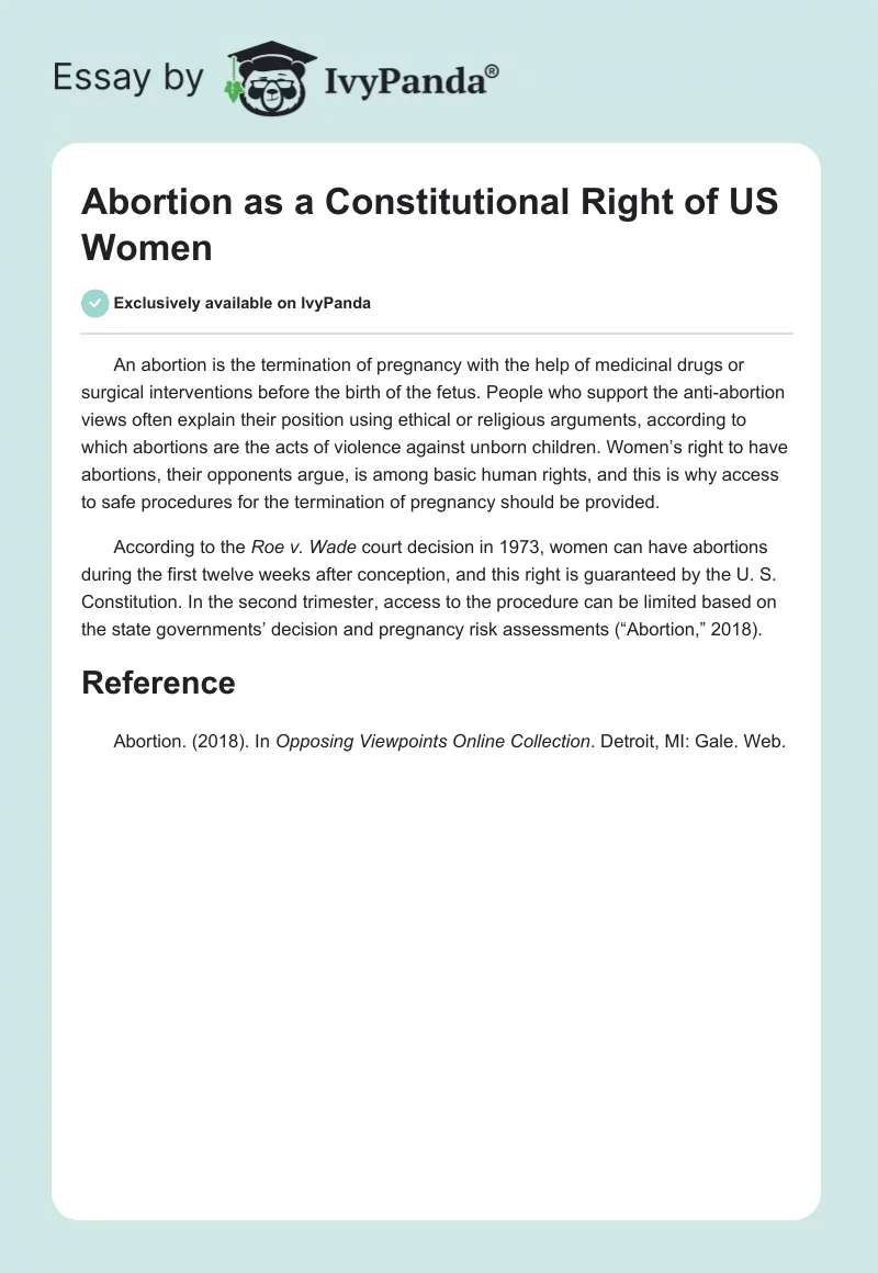 Abortion as a Constitutional Right of US Women. Page 1