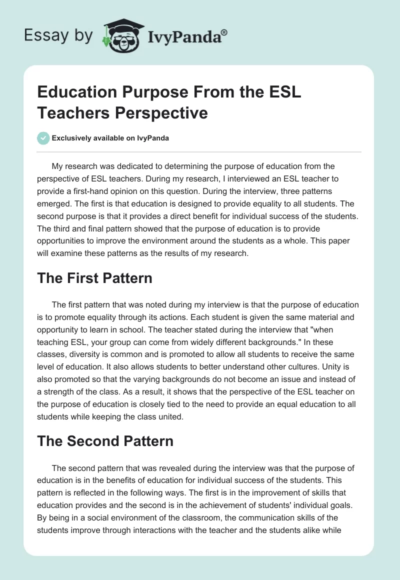 Education Purpose From the ESL Teachers Perspective. Page 1