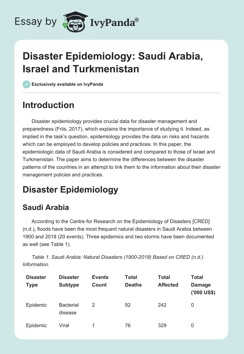 Disaster Epidemiology: Saudi Arabia, Israel and Turkmenistan. Page 1