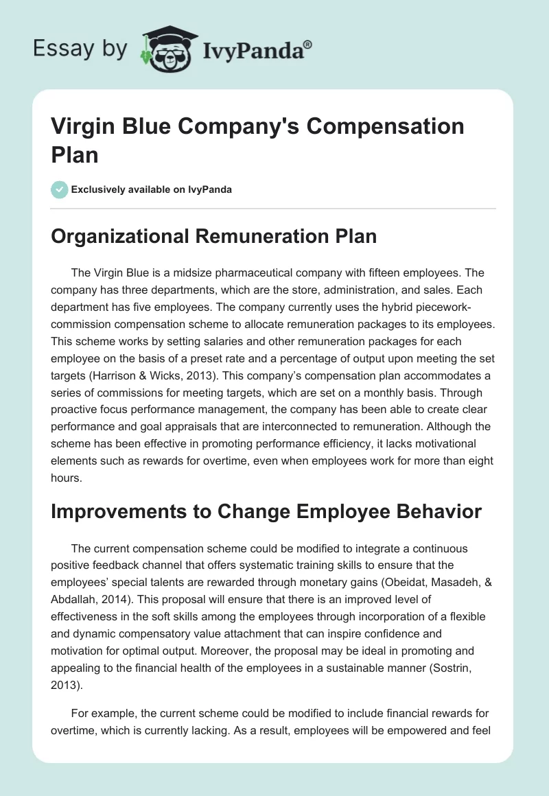 Virgin Blue Company's Compensation Plan. Page 1