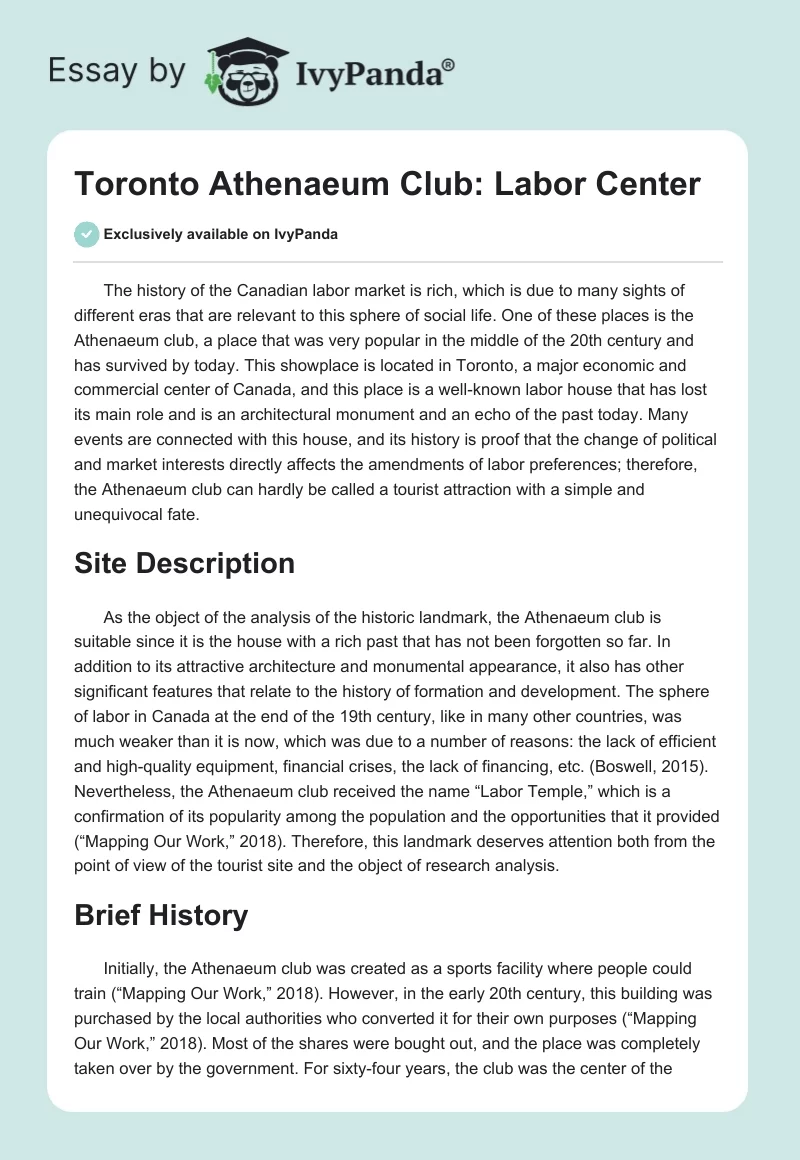 Toronto Athenaeum Club: Labor Center. Page 1