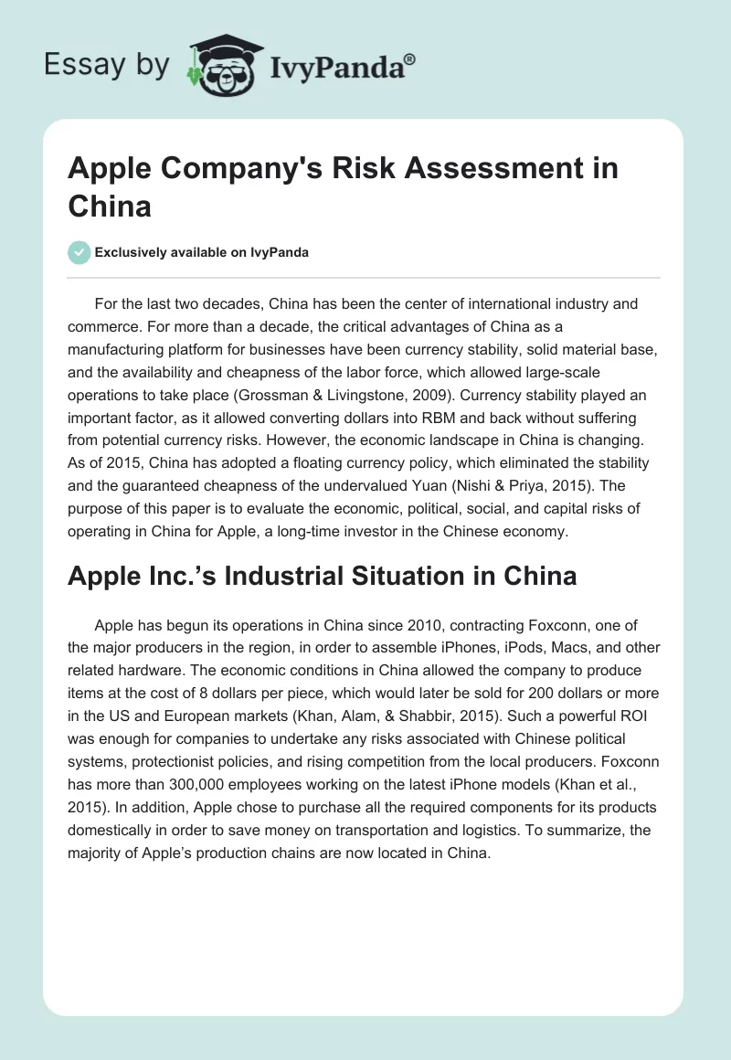 Apple Company's Risk Assessment in China. Page 1