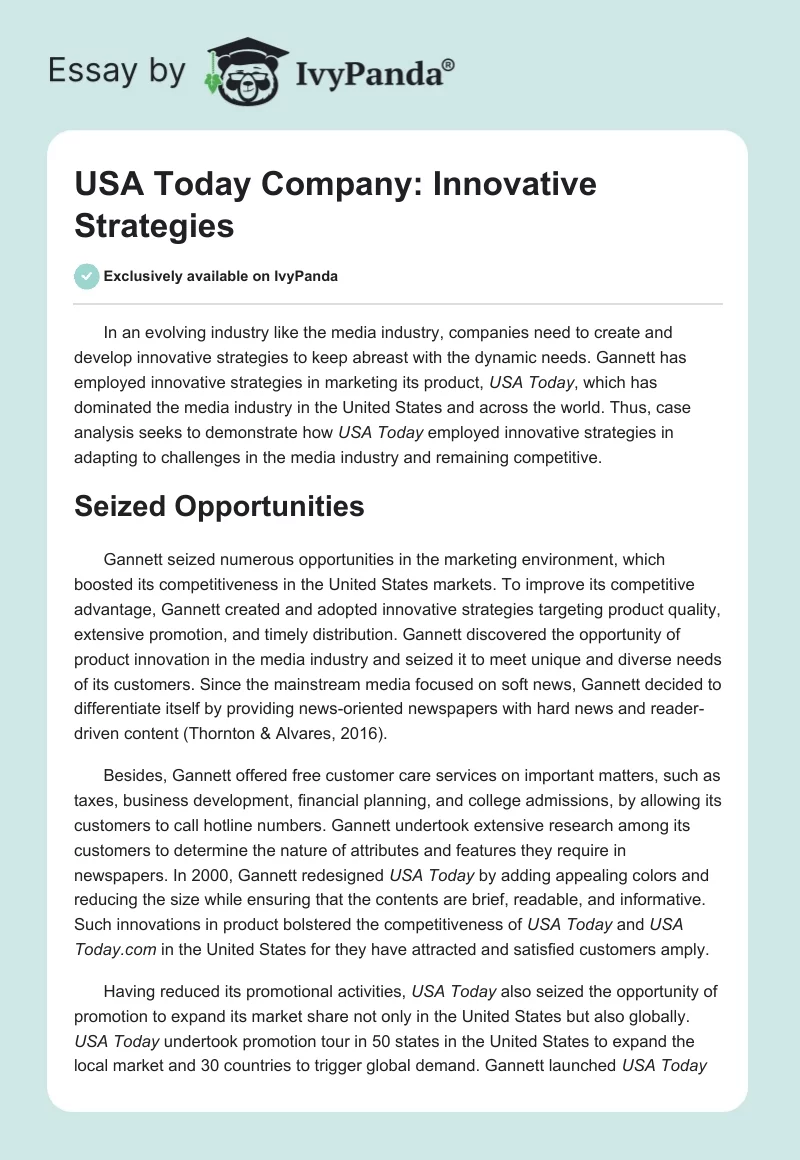 USA Today Company: Innovative Strategies. Page 1