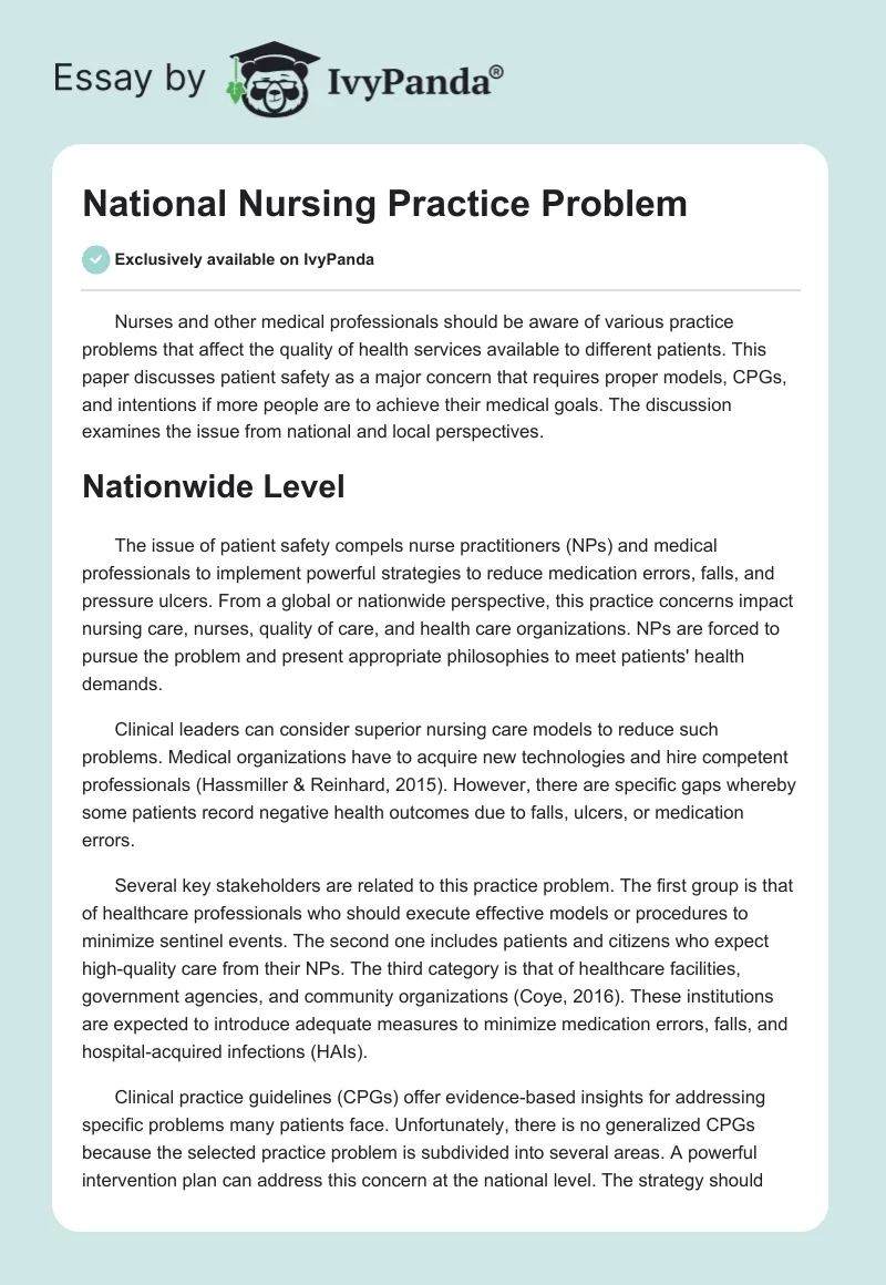 National Nursing Practice Problem. Page 1