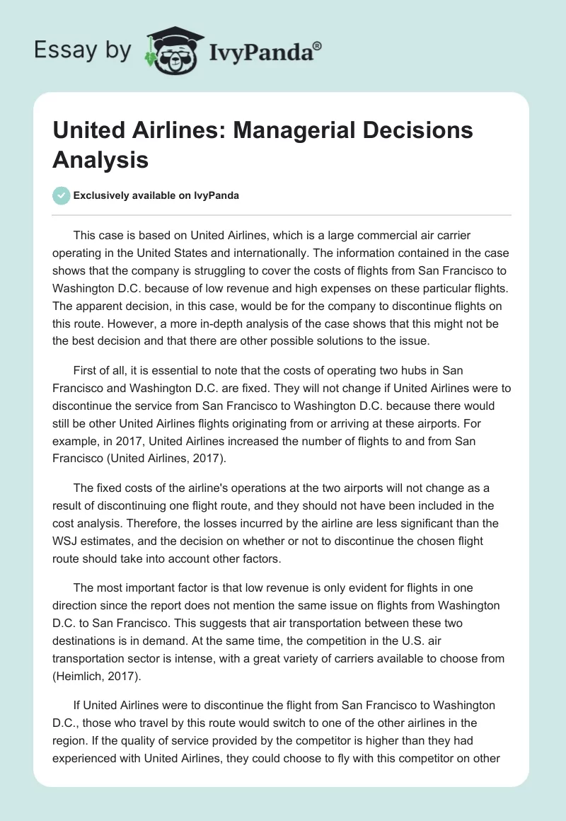 United Airlines: Managerial Decisions Analysis. Page 1