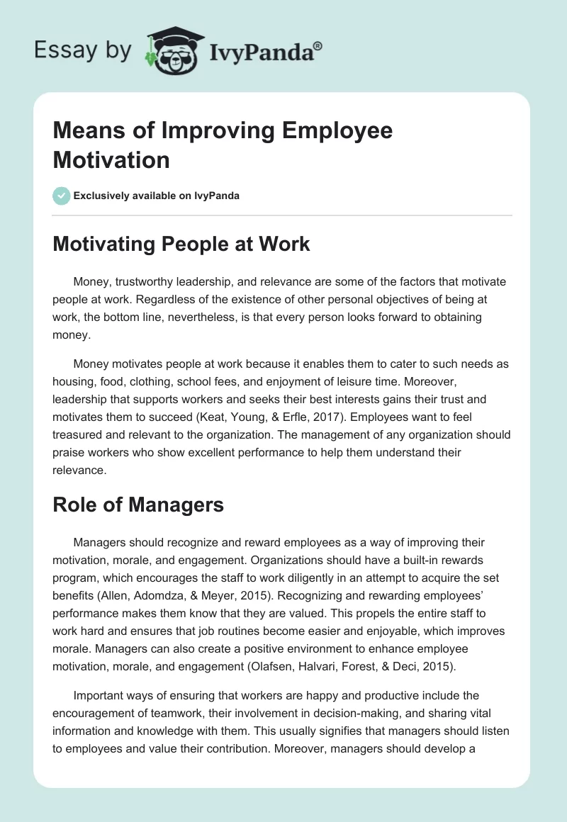 Means of Improving Employee Motivation. Page 1