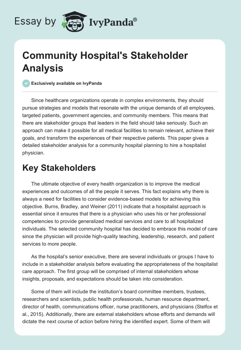 Community Hospital's Stakeholder Analysis. Page 1