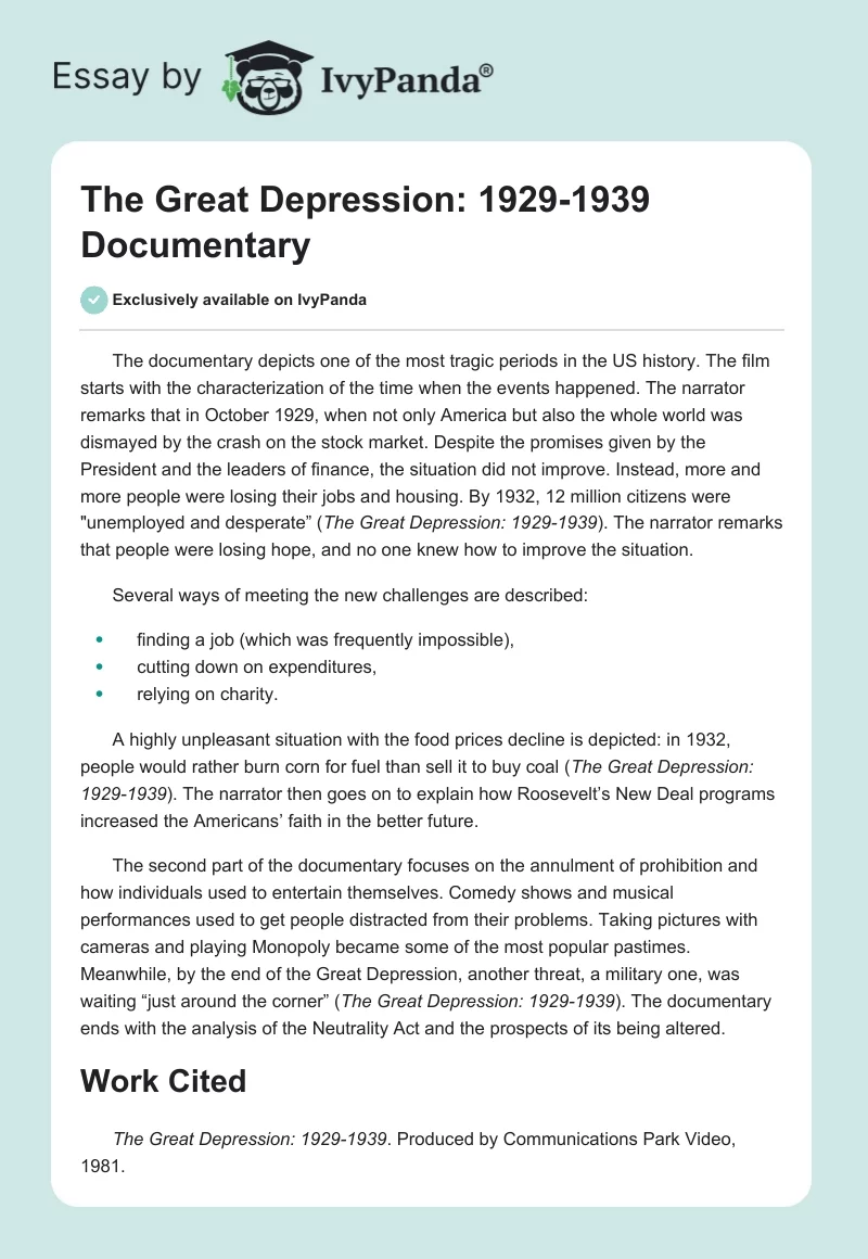 "The Great Depression: 1929-1939" Documentary. Page 1