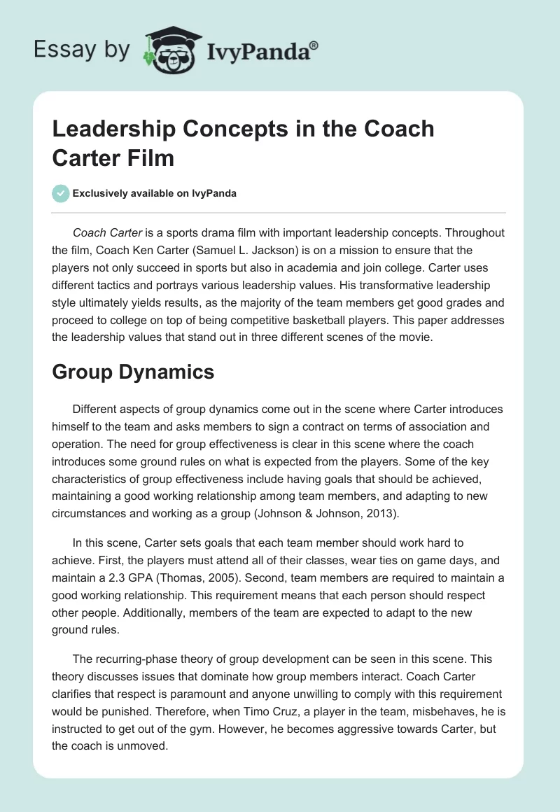 Leadership Concepts in the "Coach Carter" Film. Page 1