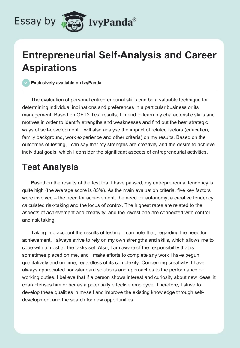 Entrepreneurial Self-Analysis and Career Aspirations. Page 1