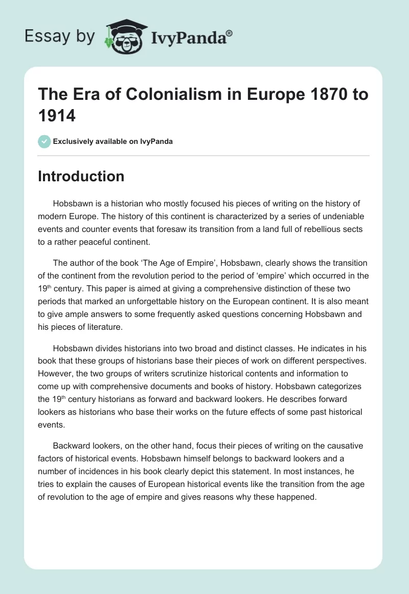 The Era of Colonialism in Europe 1870 to 1914. Page 1