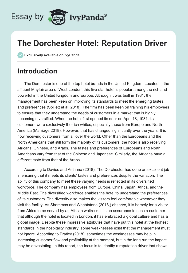 The Dorchester Hotel: Reputation Driver. Page 1