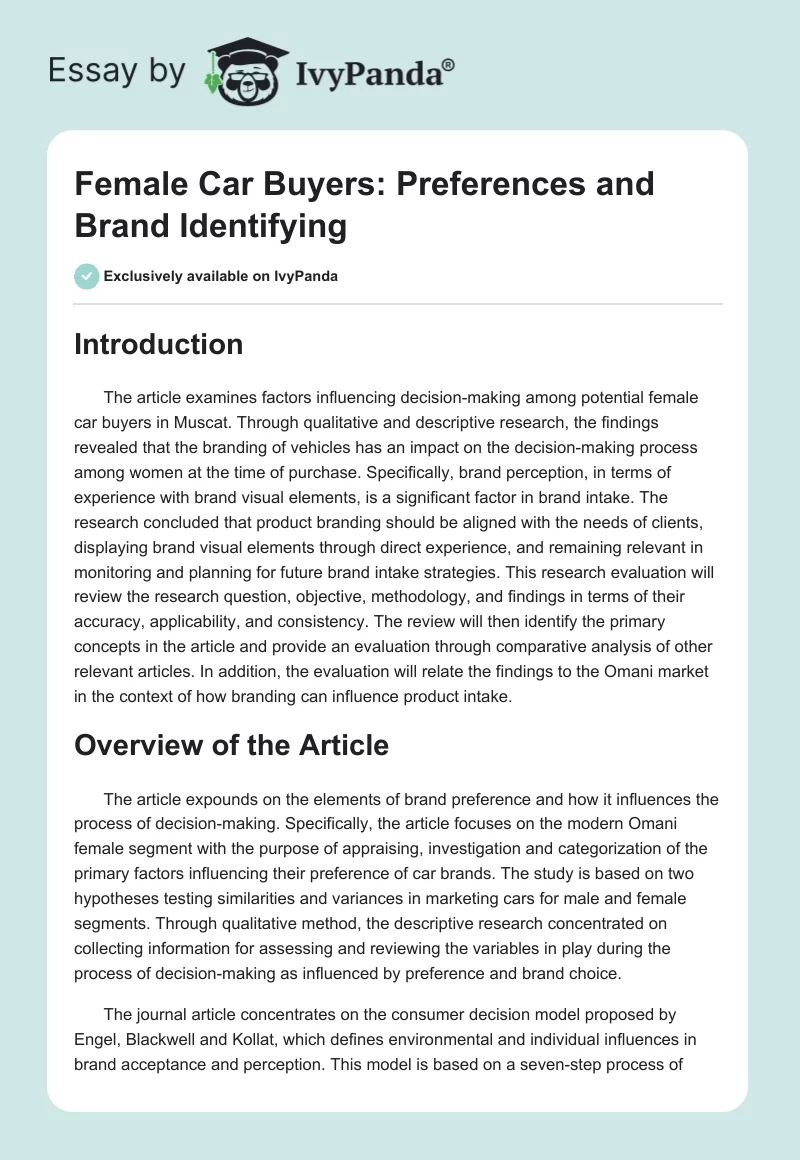 Female Car Buyers: Preferences and Brand Identifying. Page 1
