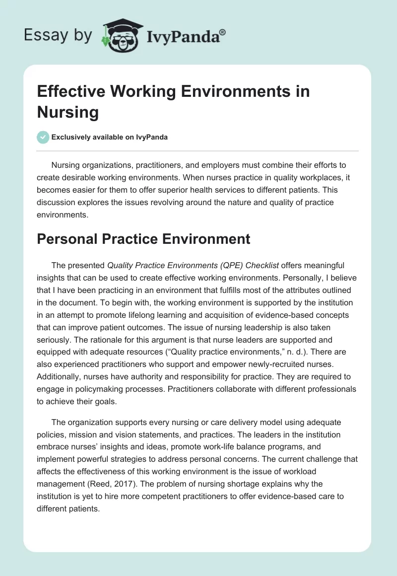 Effective Working Environments in Nursing. Page 1
