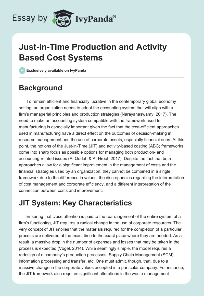 Just-in-Time Production and Activity Based Cost Systems. Page 1