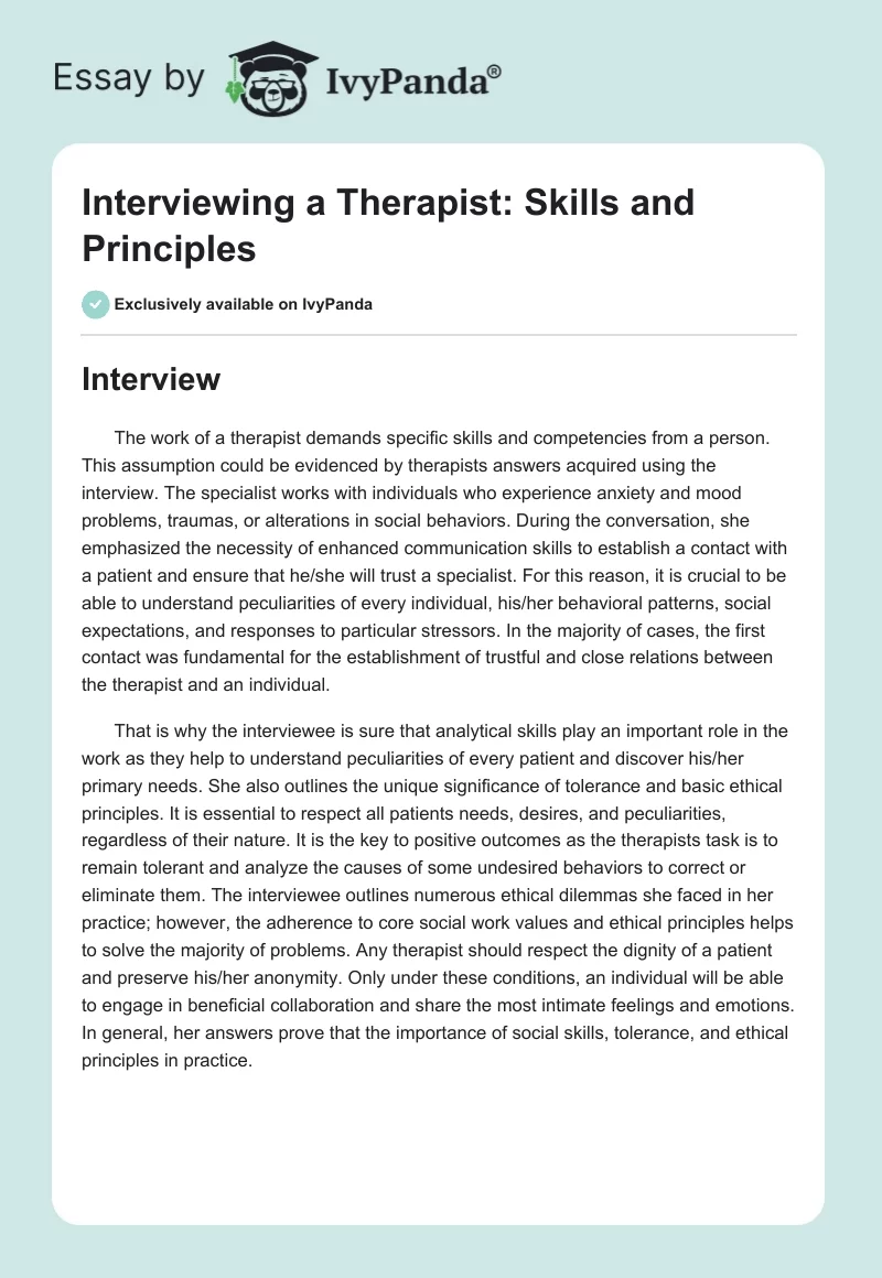Interviewing a Therapist: Skills and Principles. Page 1