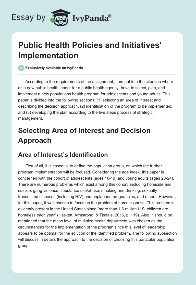 Public Health Policies and Initiatives' Implementation. Page 1