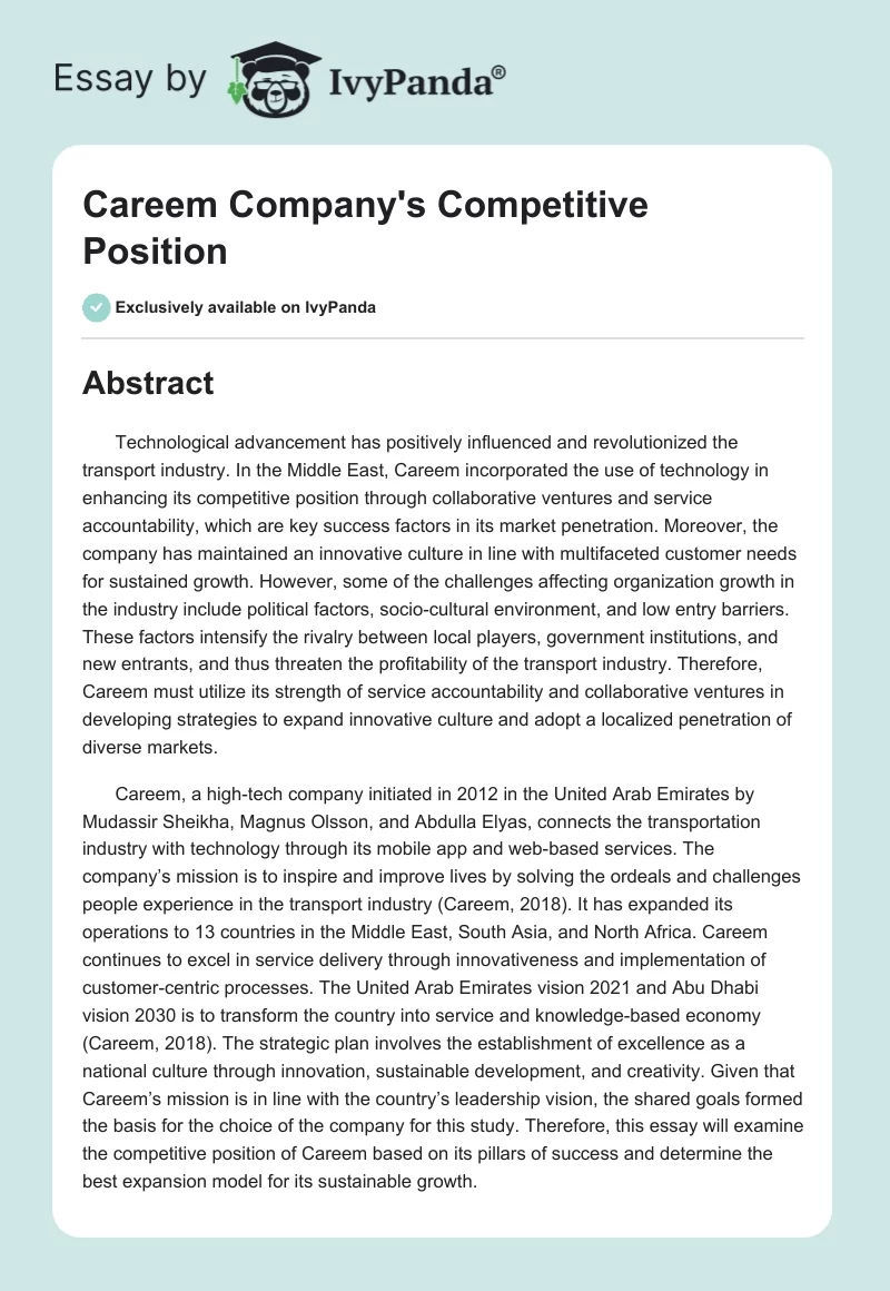 Careem Company's Competitive Position. Page 1