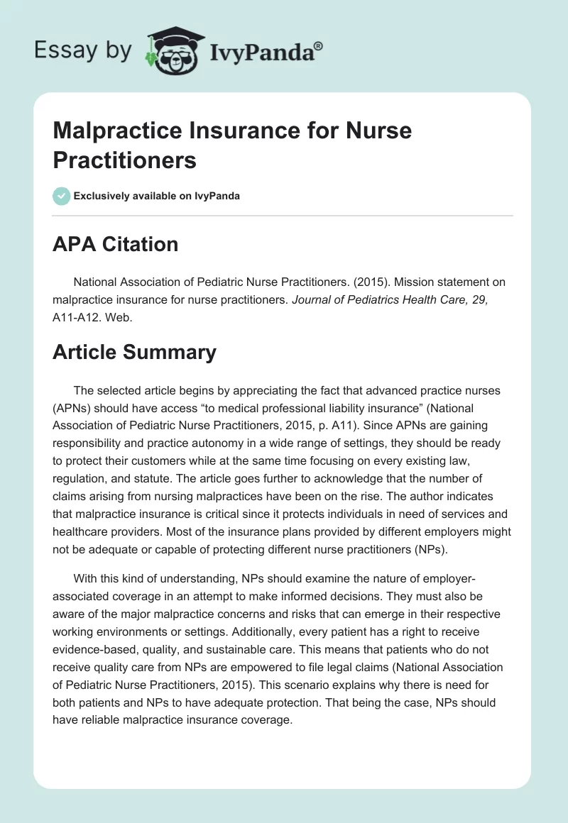 Malpractice Insurance for Nurse Practitioners. Page 1