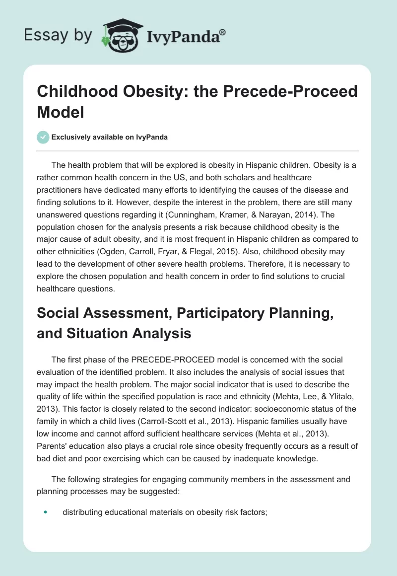 Childhood Obesity: The Precede-Proceed Model. Page 1