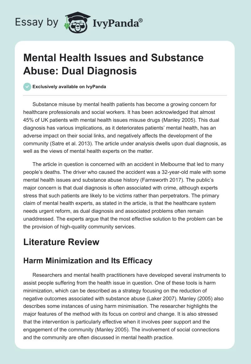 Mental Health Issues and Substance Abuse: Dual Diagnosis. Page 1