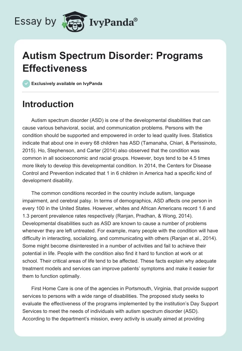 Autism Spectrum Disorder: Programs Effectiveness. Page 1