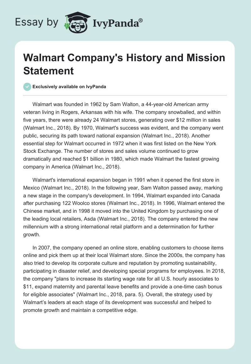 Walmart Company's History and Mission Statement. Page 1