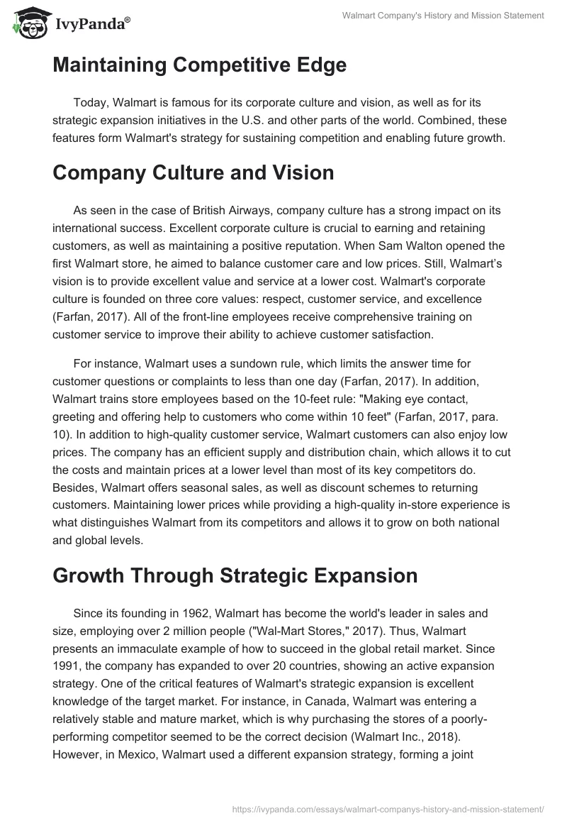 Walmart Company's History and Mission Statement. Page 2