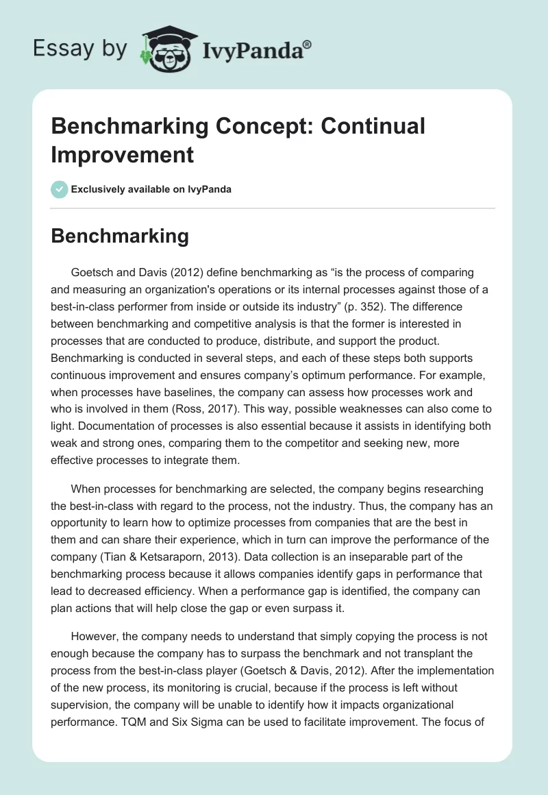 Benchmarking Concept: Continual Improvement. Page 1