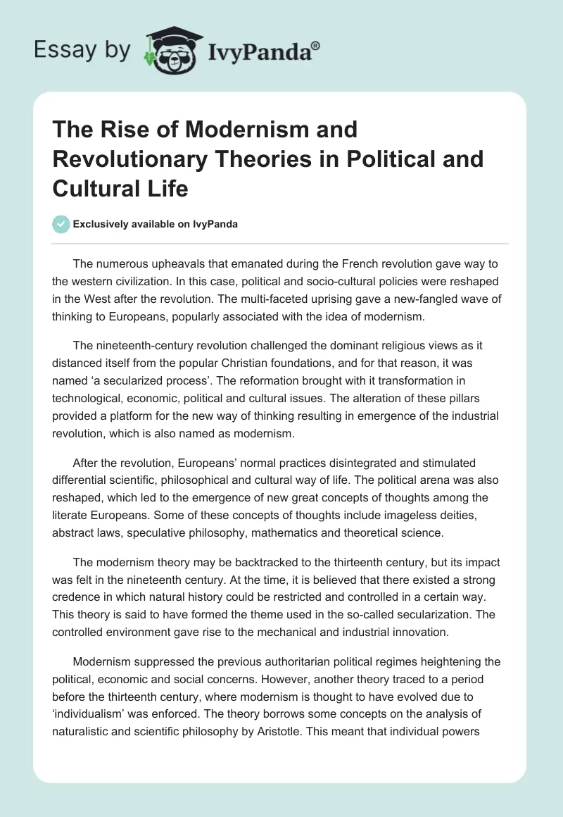 The Rise of Modernism and Revolutionary Theories in Political and Cultural Life. Page 1