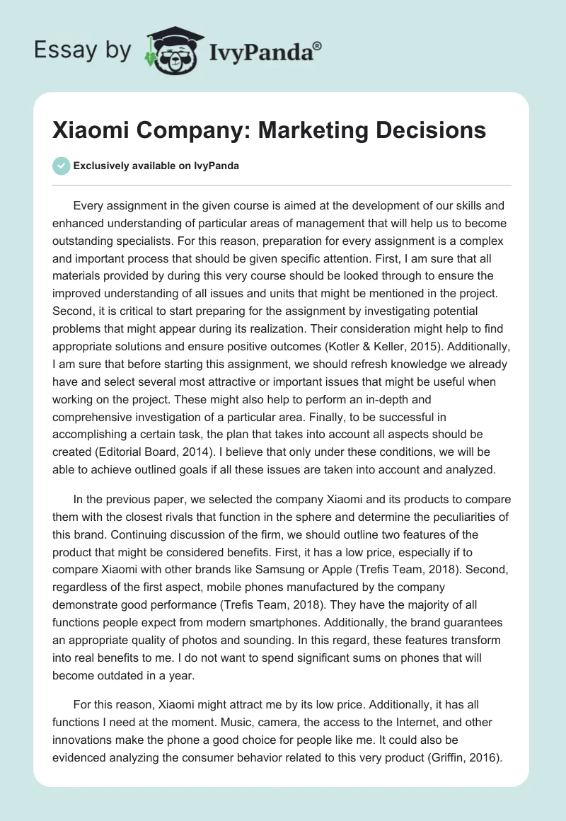 Xiaomi Company: Marketing Decisions. Page 1