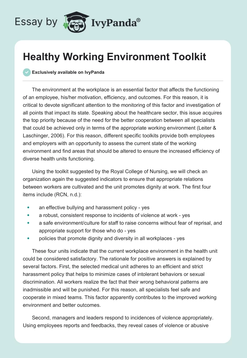 Healthy Working Environment Toolkit. Page 1