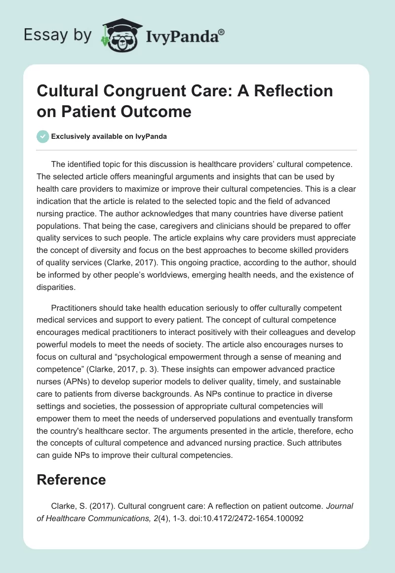 Cultural Congruent Care: A Reflection on Patient Outcome. Page 1