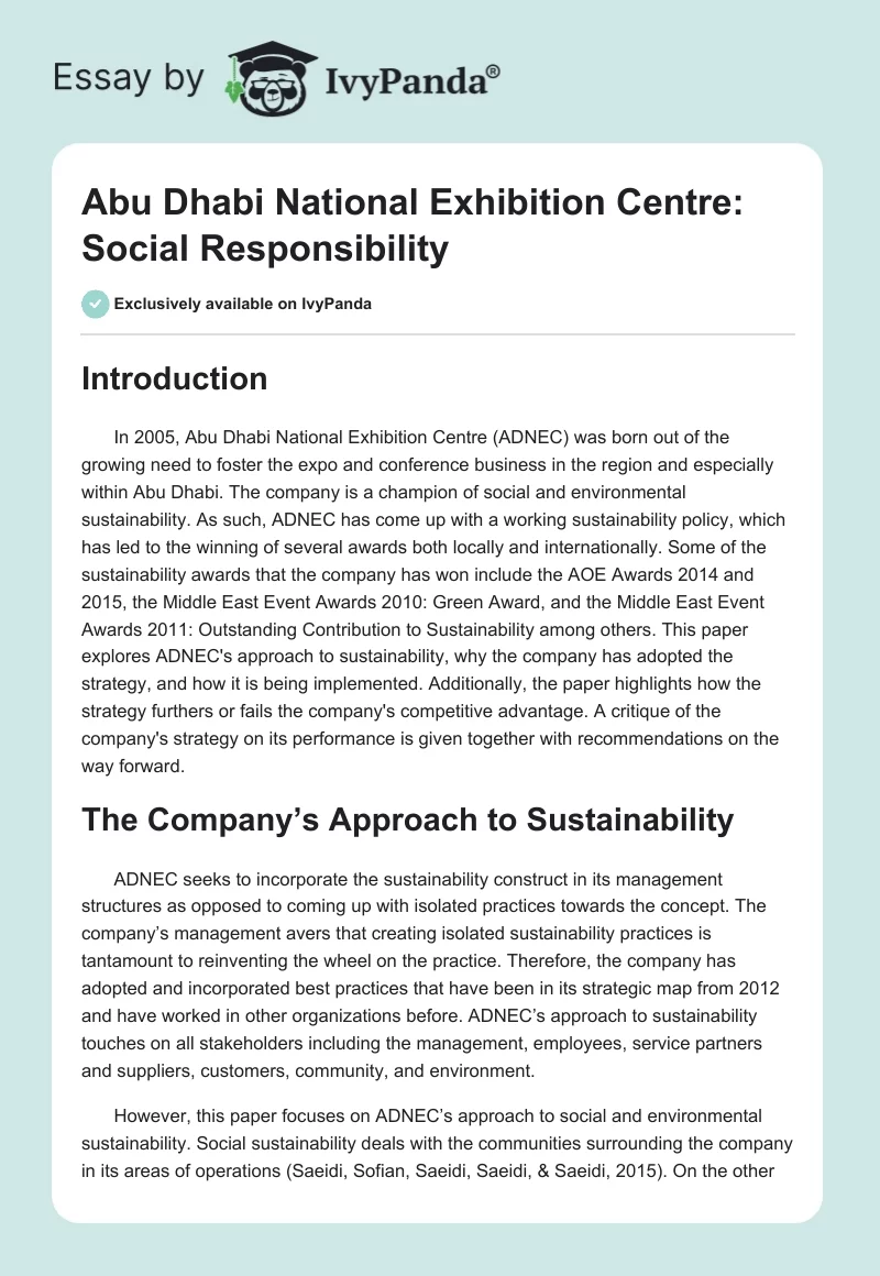 Abu Dhabi National Exhibition Centre: Social Responsibility. Page 1