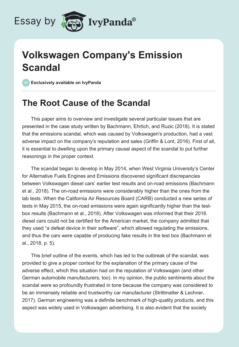 Volkswagen Company's Emission Scandal. Page 1