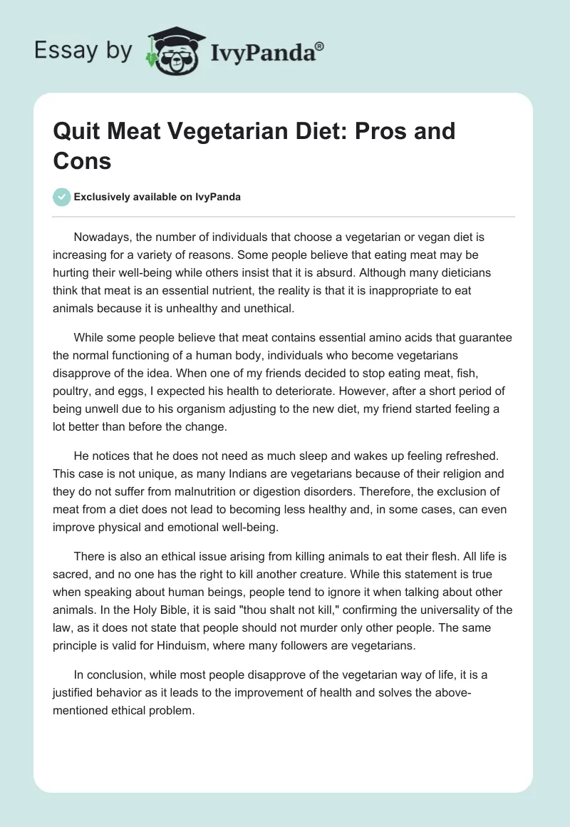 "Quit Meat" Vegetarian Diet: Pros and Cons. Page 1
