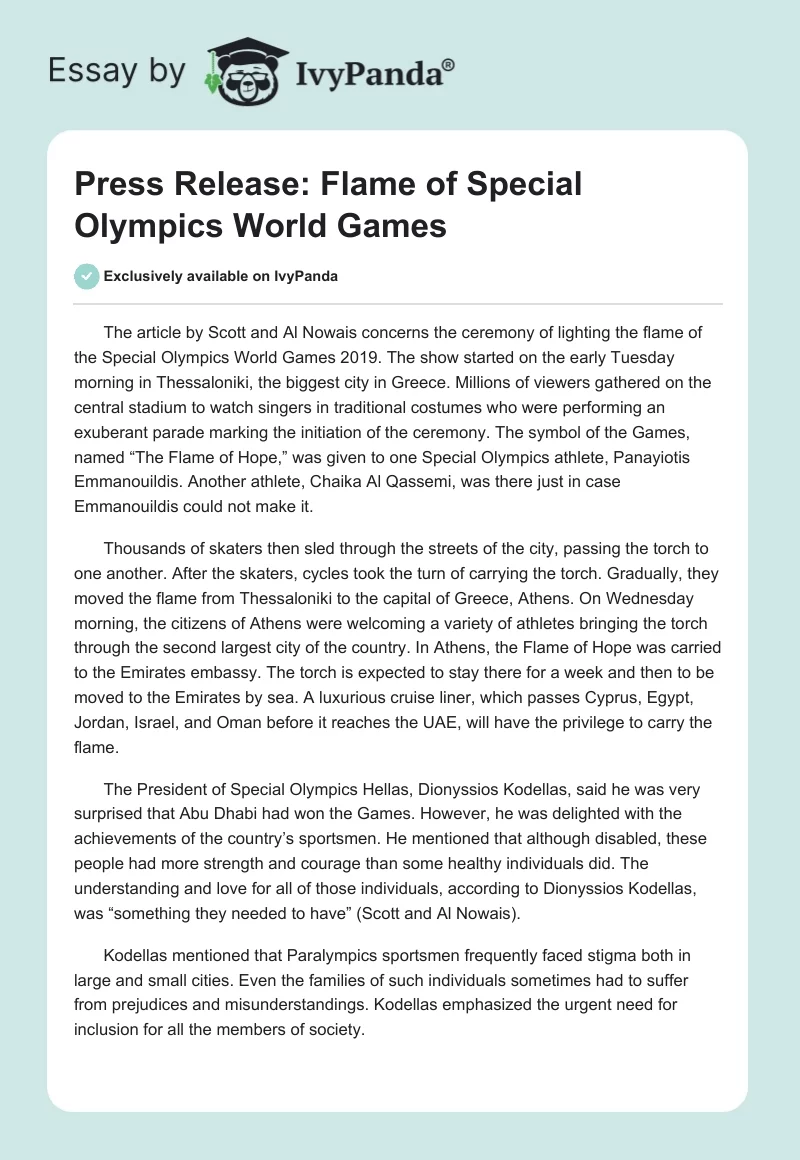 Press Release: Flame of Special Olympics World Games. Page 1