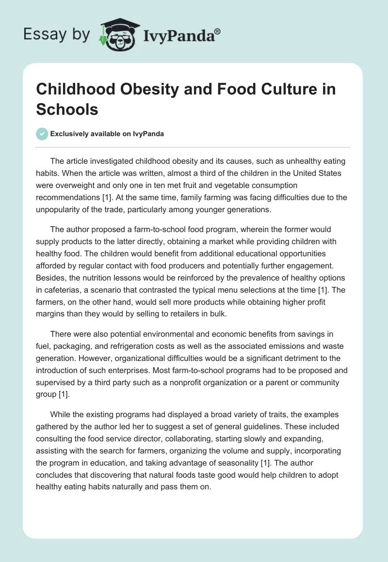 Childhood Obesity and Food Culture in Schools. Page 1