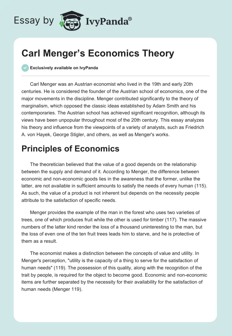 Carl Menger’s Economics Theory. Page 1