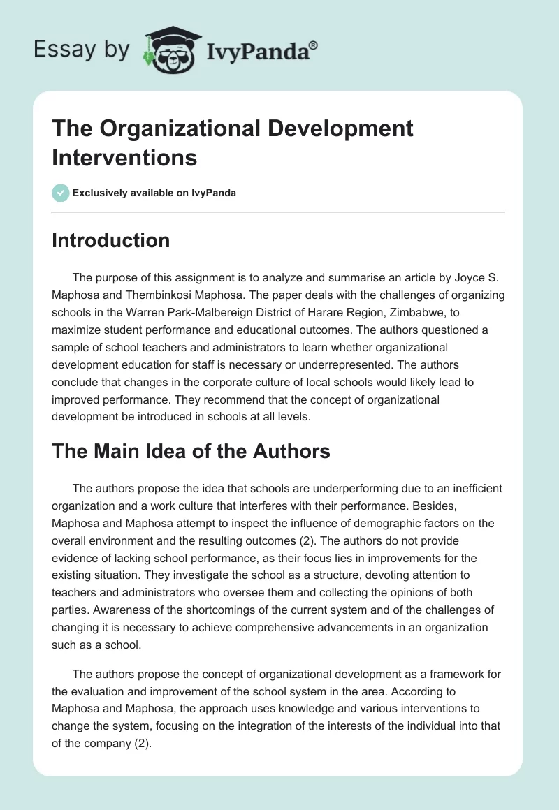 The Organizational Development Interventions. Page 1
