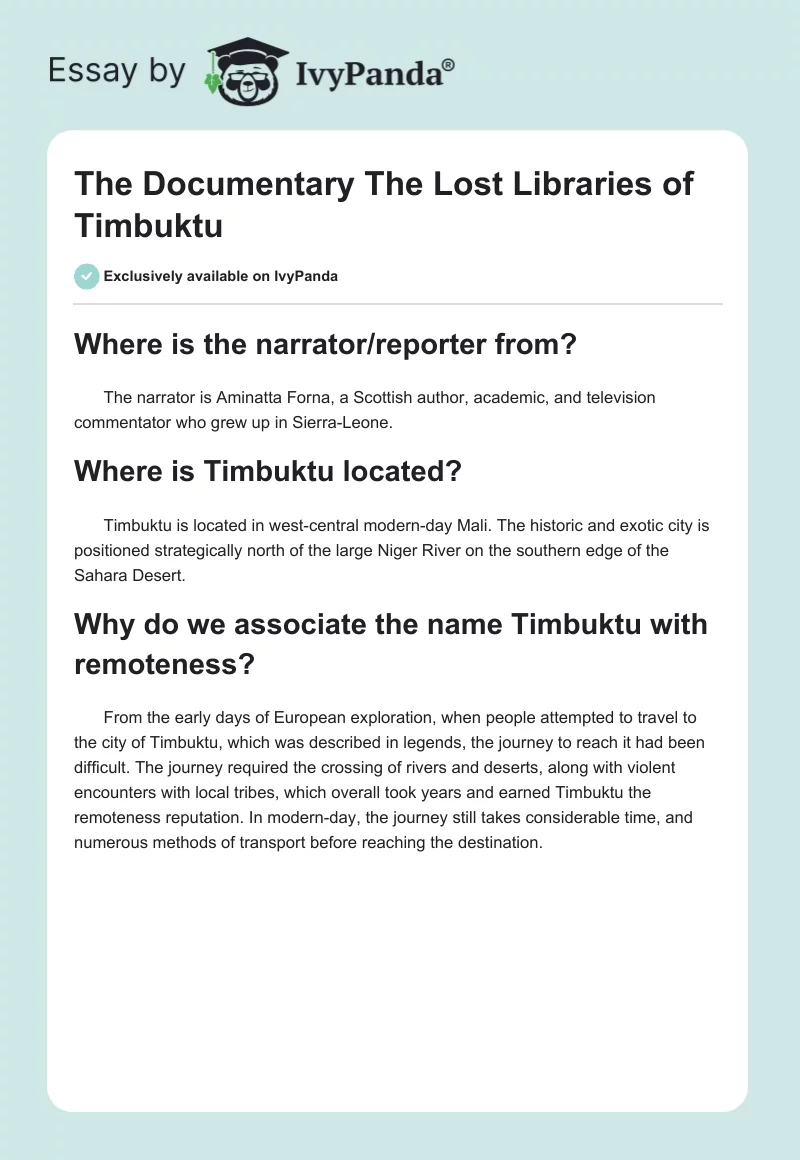 The Documentary "The Lost Libraries of Timbuktu". Page 1