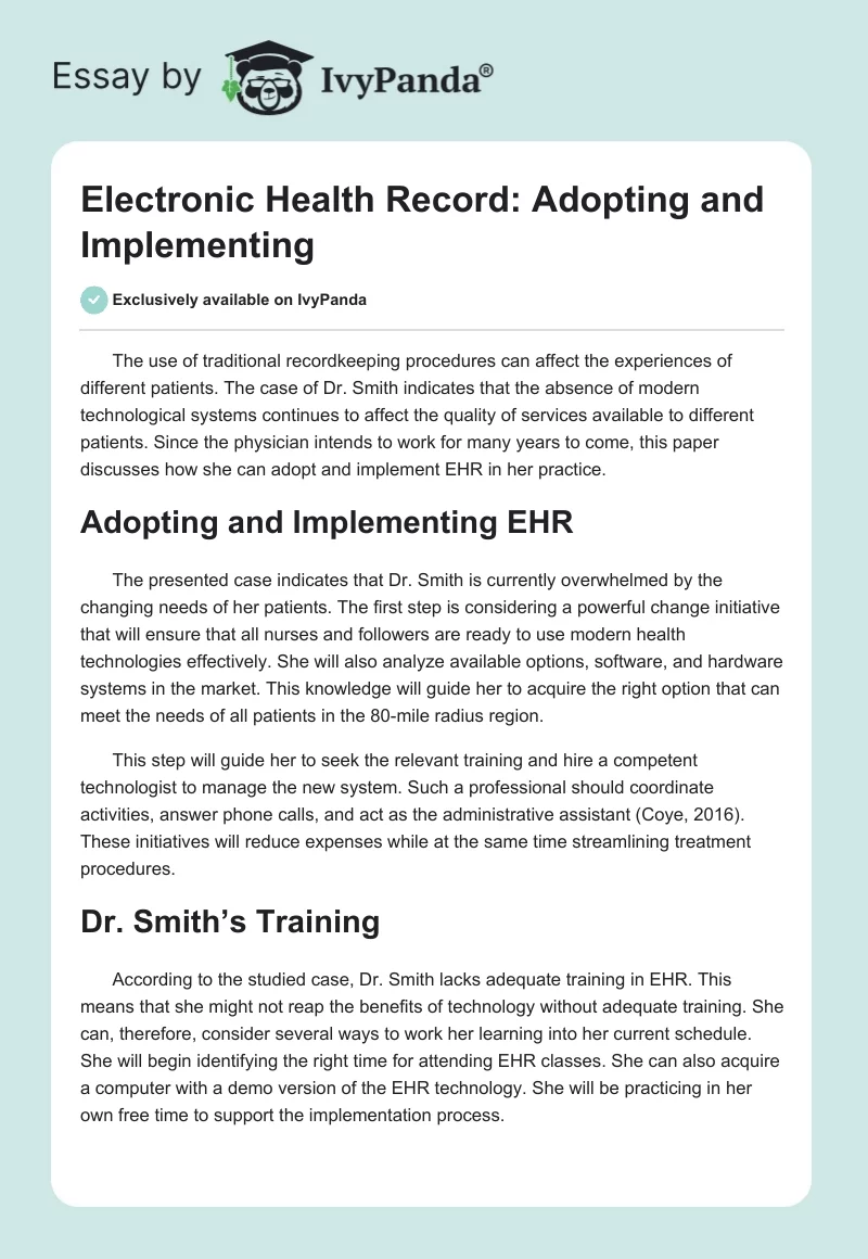 Electronic Health Record: Adopting and Implementing. Page 1