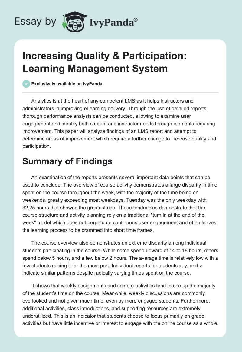 Increasing Quality & Participation: Learning Management System. Page 1