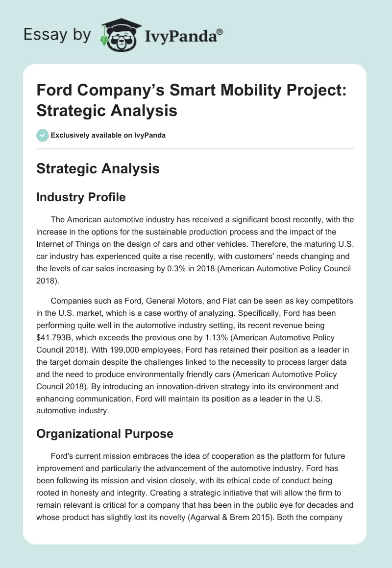 Ford Company’s Smart Mobility Project: Strategic Analysis. Page 1