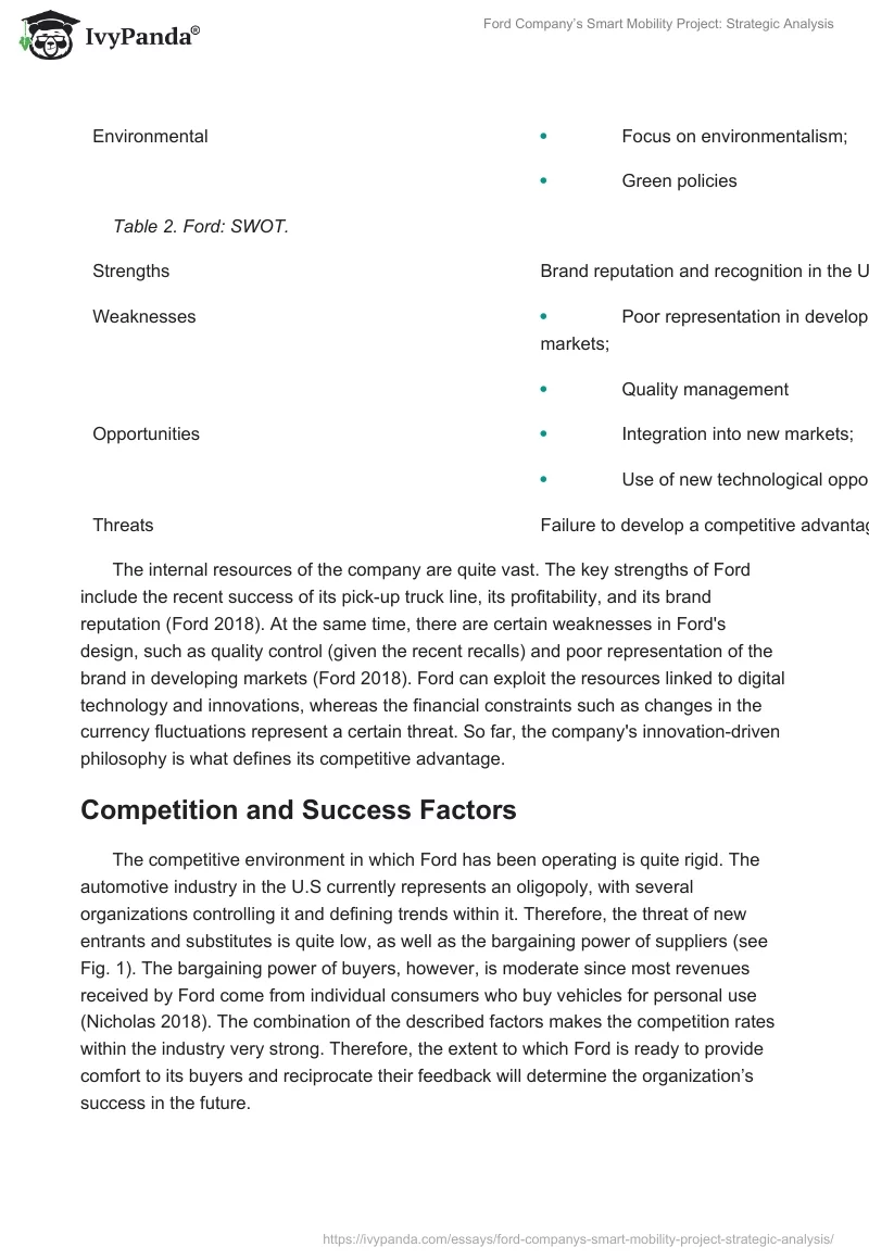 Ford Company’s Smart Mobility Project: Strategic Analysis. Page 3